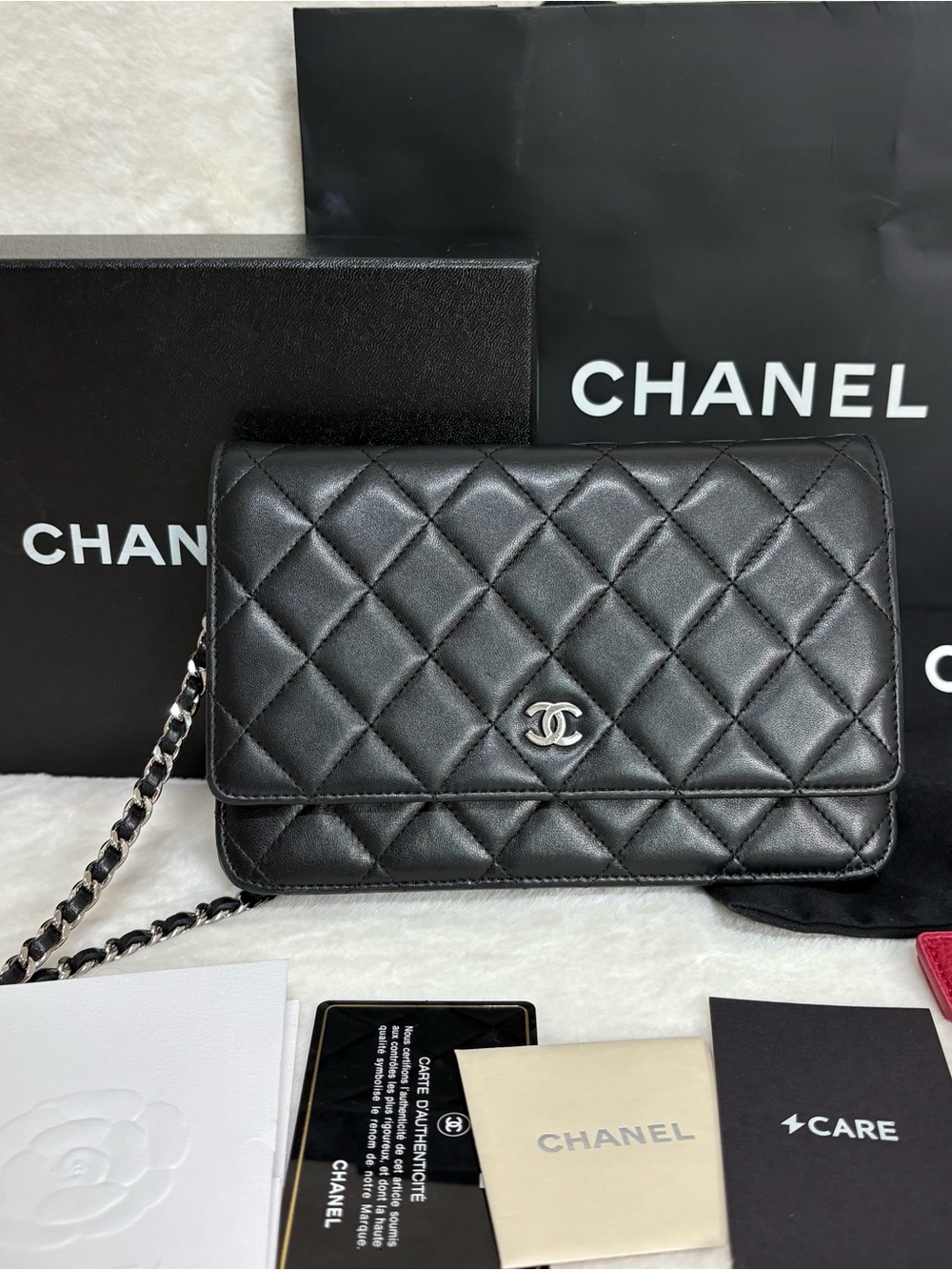 CHANEL Black Quilted Leather Wallet-on-Chain with Silver CC